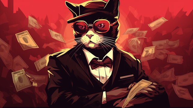 Cool rich successful hipster cat with sunglasses and cash money on red background.