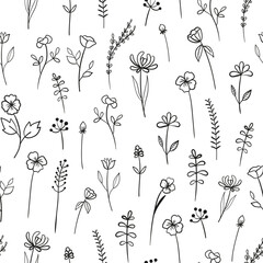 Fototapeta na wymiar Floral monochrome seamless pattern with line wildflowers. Doodle outline plants on white