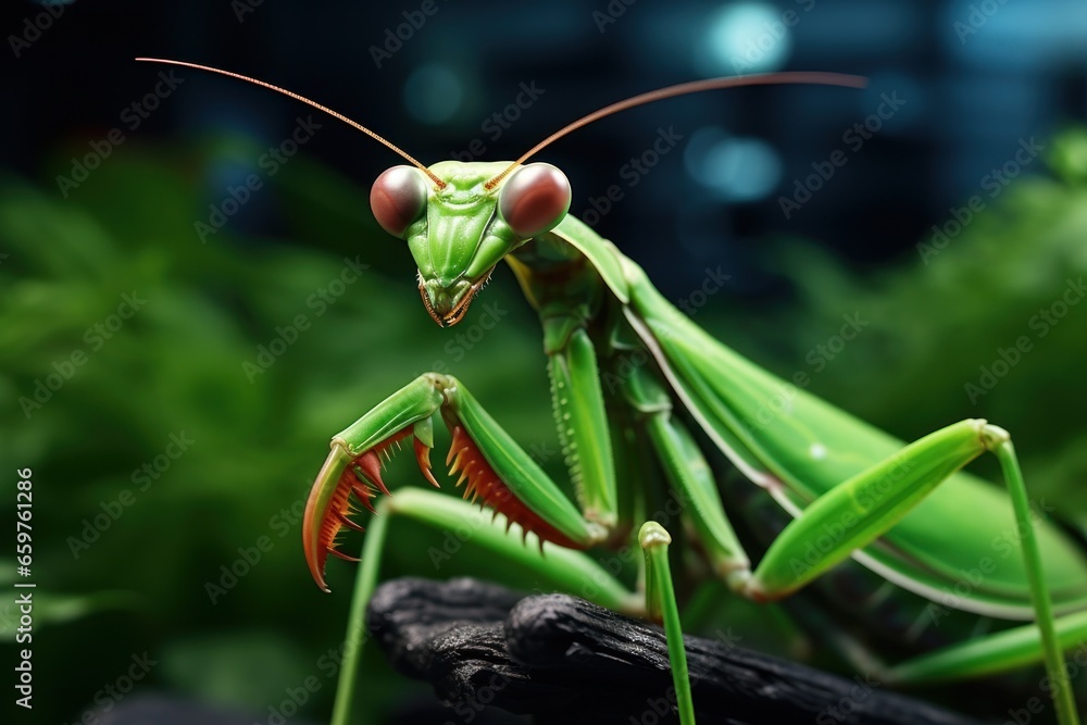 Aufkleber a detailed close-up view of a praying mantis perched on a branch. this image can be used to depict n