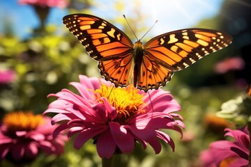 A beautiful butterfly perched on top of a vibrant pink flower. This image captures the delicate beauty of nature and can be used to add a touch of elegance to any project.