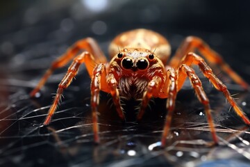A detailed close-up image of a spider on a black surface. This picture can be used to depict nature, insects, arachnids, or for Halloween-themed designs.