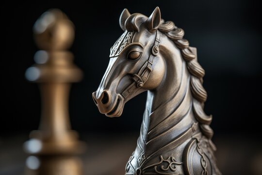 A close up of a statue of a horse on a chess board. This image can be used to depict strategy, competition, or a love for the game of chess.