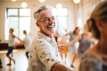 Happy senior retired man dancing during dance course - obrazy, fototapety, plakaty