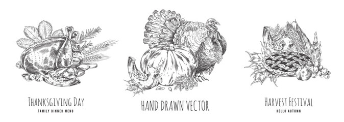 Thanksgiving day vintage hand drawn posters collection.