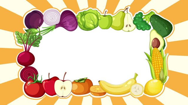 Colorful fruits and vegetables arranged in a border frame banner template.