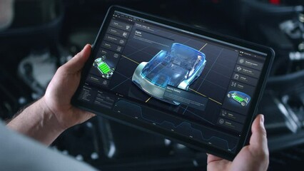 Automotive engineer holds digital tablet computer with simulation of real-time car diagnostics displayed on screen. 3D graphics visualization of professional software with 3D virtual electric vehicle  - Powered by Adobe