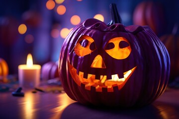 A Halloween pumpkin with a carved face, perfect for spooky decorations.