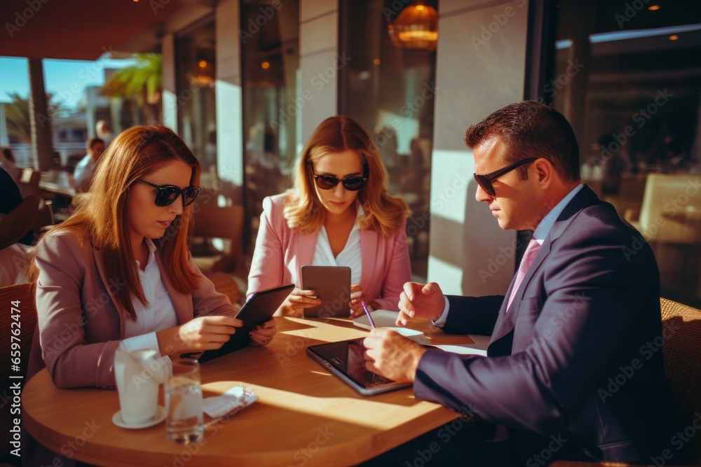Poster a group of people gathered around a table, using a tablet device. this versatile image can be used t