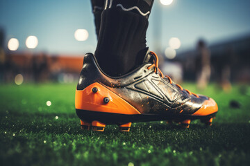 A close-up view of a soccer shoe on a field. This image can be used to depict the excitement and...