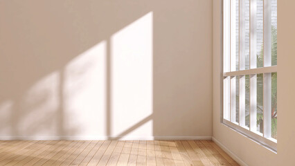Blank cream wall in empty room in sunlight from white frame window on brown parquet floor to...