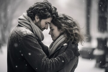 A heartwarming image of a man and a woman embracing in the snow. Perfect for romantic and winter-themed projects.