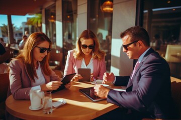 A group of people gathered around a table, using a tablet device. This versatile image can be used to represent teamwork, collaboration, or technology in various settings.
