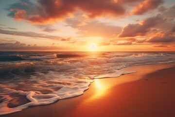 A beautiful sunset scene with the sun setting over the ocean on a sandy beach. Perfect for travel, vacation, and nature-themed projects.