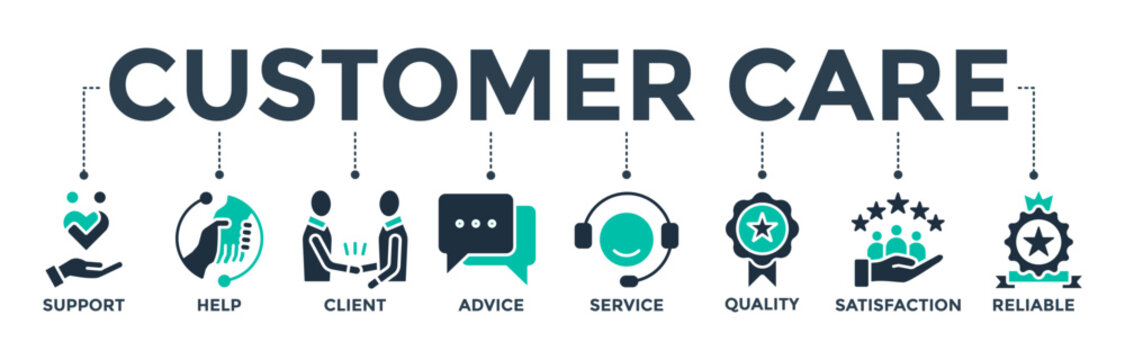 Customer care banner web icon vector illustration concept for customer support and telemarketing service with an icon of help, client, advice, chat, service, reliability, quality, and satisfaction 