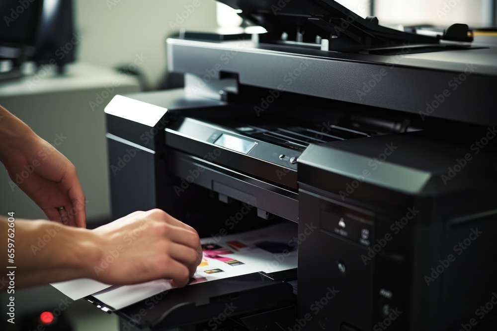 Poster a person is shown inserting a piece of paper into a printer. this image can be used to illustrate th