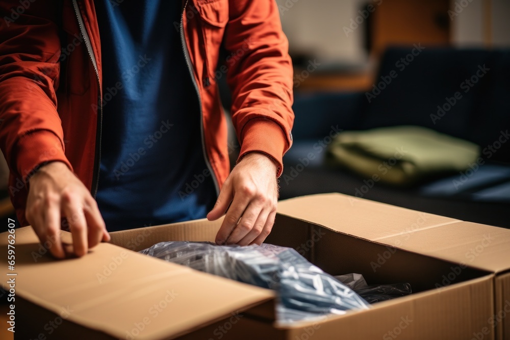 Poster a man is shown in the process of opening a box. this versatile image can be used to represent curios