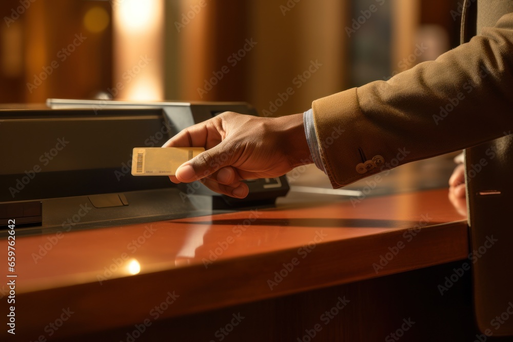 Poster a person is inserting a credit card into a machine. this image can be used to depict financial trans