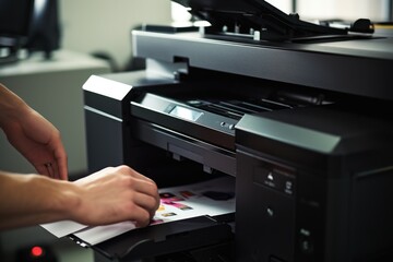 A person is shown inserting a piece of paper into a printer. This image can be used to illustrate the process of printing or to represent office work and technology.