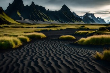Gorgeous landscape with black sand desert dunes and grassy bumps near famous Stokksnes mountains - obrazy, fototapety, plakaty
