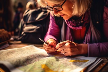 A woman sitting at a table, focused on looking at a map. This image can be used to represent travel planning, adventure, exploration, or navigation.