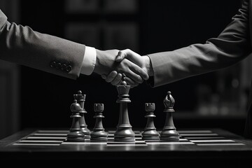 Two men shaking hands over a chess board. This image can be used to depict a friendly competition or a strategic agreement. Suitable for business, negotiation, teamwork, and sports-related concepts. - obrazy, fototapety, plakaty