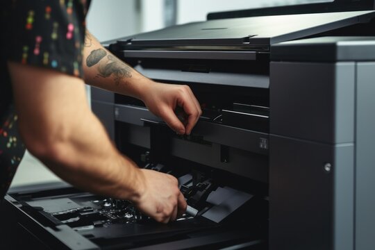 A man is seen putting a printer into a drawer. This image can be used to depict organization and storage of office equipment.
