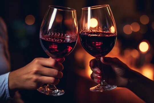 A picture featuring two people toasting wine glasses with candles in the background. This image can be used to depict celebrations, romantic moments, or special occasions.
