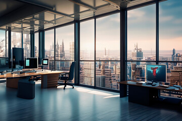 Simulation of an office from the top of a building with a view of the city.