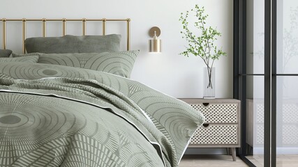 Cozy, luxury bedroom with brass headboard, sage green blanket, pillow, rattan bedside table in...