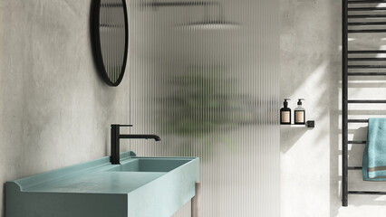 Turquoise resin vanity counter top, black faucet, reeded glass partition in sunlight shadow on...