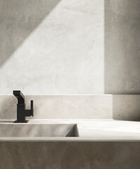 Minimal concrete vanity counter, sink with modern black faucet in sunlight on gray polished cement...