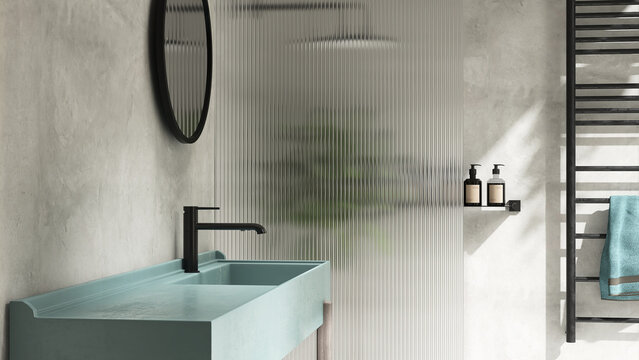 Turquoise resin vanity counter top, black faucet, reeded glass partition in sunlight shadow on marble for luxury beauty, cosmetic, skincare, body care background 3D