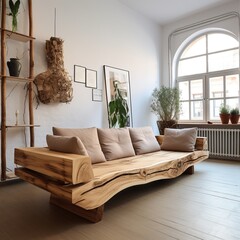 The modern living room interior of the sofa perfectly combines wooden walls.
