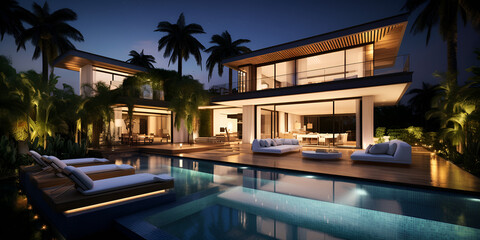 Fototapeta na wymiar A modern house with a pool in the middle of the night.,,,, Modern Home and Pool by Moonlight