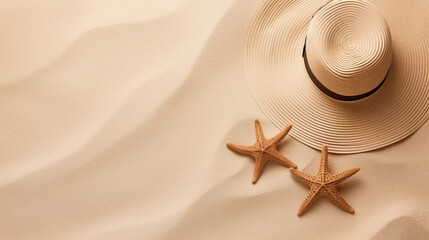 Fototapeta na wymiar Beach hat and starfish on beige background, top view