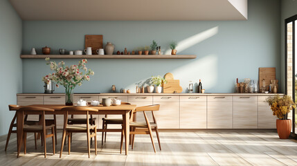 Minimalist and Relaxing Kitchen Room: Interior Design Featuring a Table and Stylish Rack for a Functional and Serene Culinary Space in the Modern Home