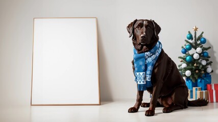 Adorable Christmas portrait: brown Labrador Retriever wearing Christmas outfit in light blue tones, isolated on a flat background with frame for text