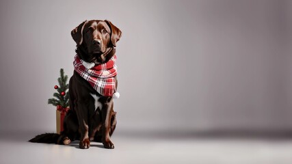 Adorable Christmas portrait: brown Labrador Retriever wearing Christmas scarf, isolated on a flat background with space for text