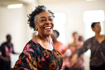 Happy senior retired black woman dancing during dance course - obrazy, fototapety, plakaty