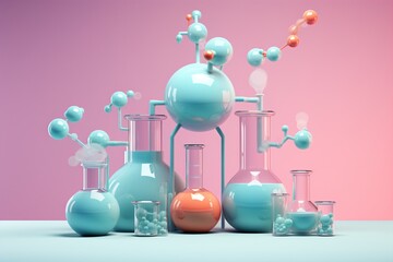 Graphic illustration for chemistry lab and experiments with beakers and flasks