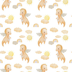 Seamless watercolor pattern with adorable baby dragon and clouds on white. Funny childish background for fabric, nursery wallpaper. Hand drawn baby dragon