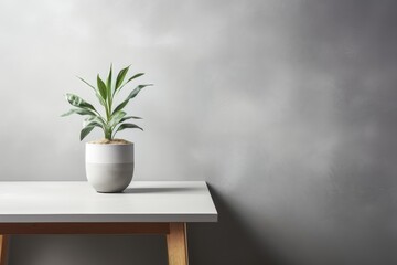 A background image featuring a small potted plant placed on a table against an empty concrete wall, creating a minimalist and visually appealing backdrop. Photorealistic illustration
