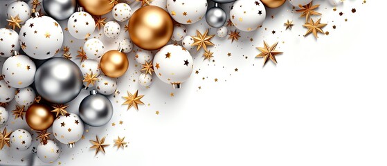 Christmas ornament banner with gold stars and baubles on a white background.