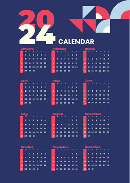 modern calendar template 2024 year retro style