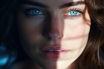  close-up of a caucasian woman with striking Blue eyes and pouty lips. Face of a beautiful caucasian woman