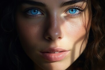  close-up of a caucasian woman with striking Blue eyes and pouty lips. Face of a beautiful caucasian woman