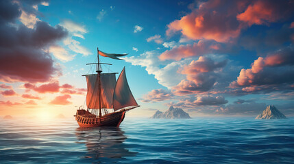 Boat in the sea on a background of blue sky with clouds