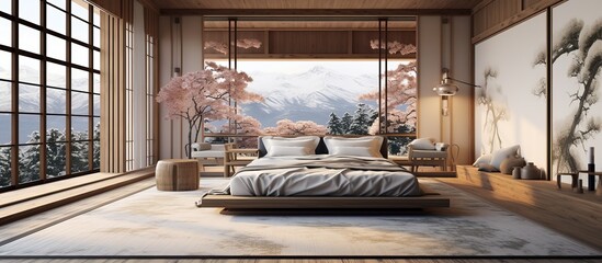 Japanese inspired wooden bedroom design in hotel or apartment
