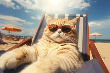 Portrait of a funny cat in sunglasses on beach background