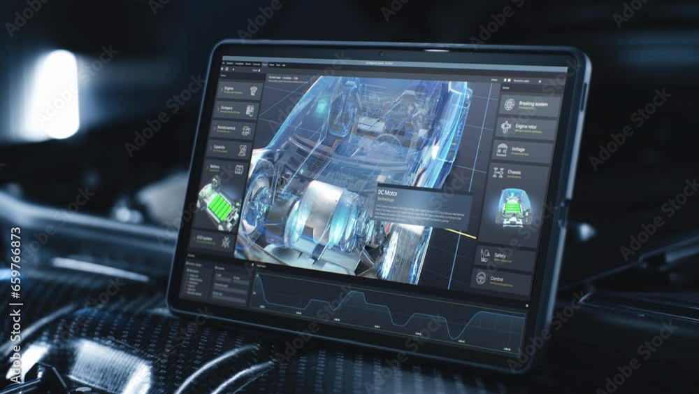 Poster digital tablet computer screen shows 3d futuristic graphical visualization of car developing profess
